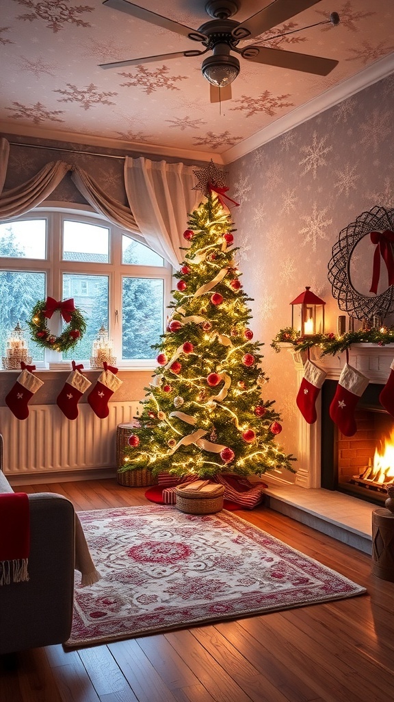A festive living room with Christmas wallpaper, decorated tree, and cozy holiday accents.